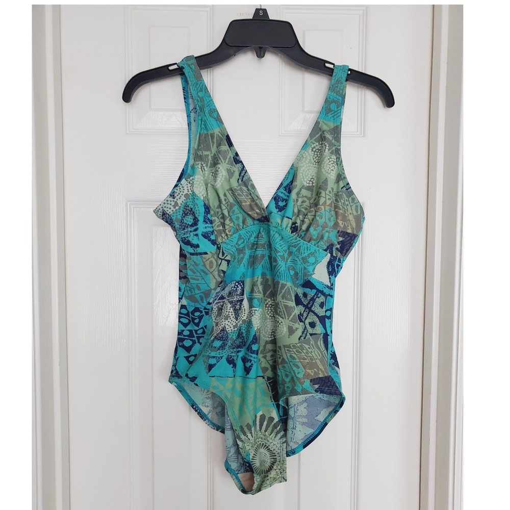 Vtg Islander One Piece Swimsuit Teal Green Abstract Geometric V-Neck Swimwear 16